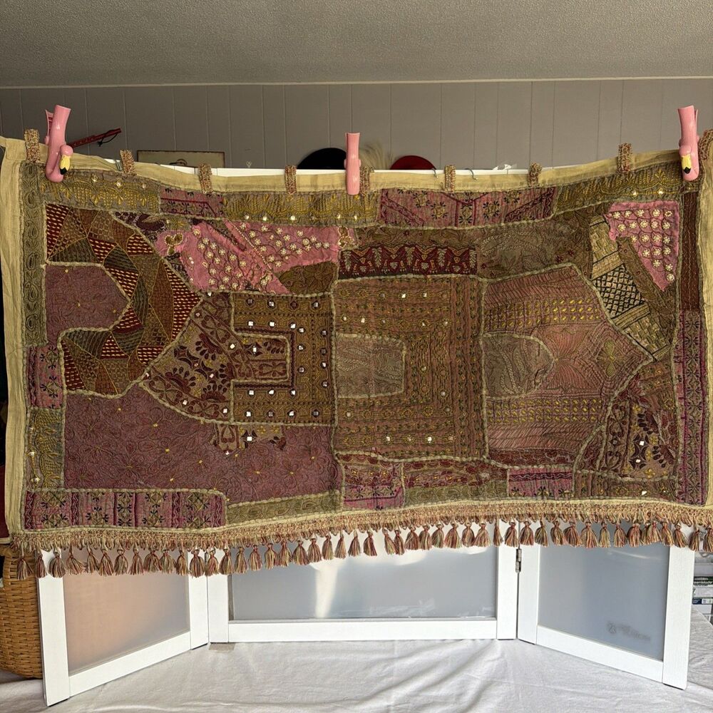 Vtg Indian Sari Patchwork Tapestry Wall Hanging Embroidered Zari Mirror 47x25